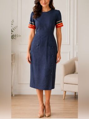 VTG 90s Cynthia Howie Maggy Boutique 100% Ramie Navy Blue Dress Size 4